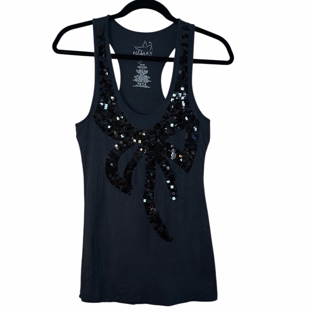 Miley Cyrus & Max Azria Charcoal Racerback Tank with Sequin Bow